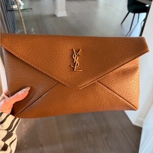 Saint Laurent Tan Textured Envelope Clutch with Gold YSL Logo